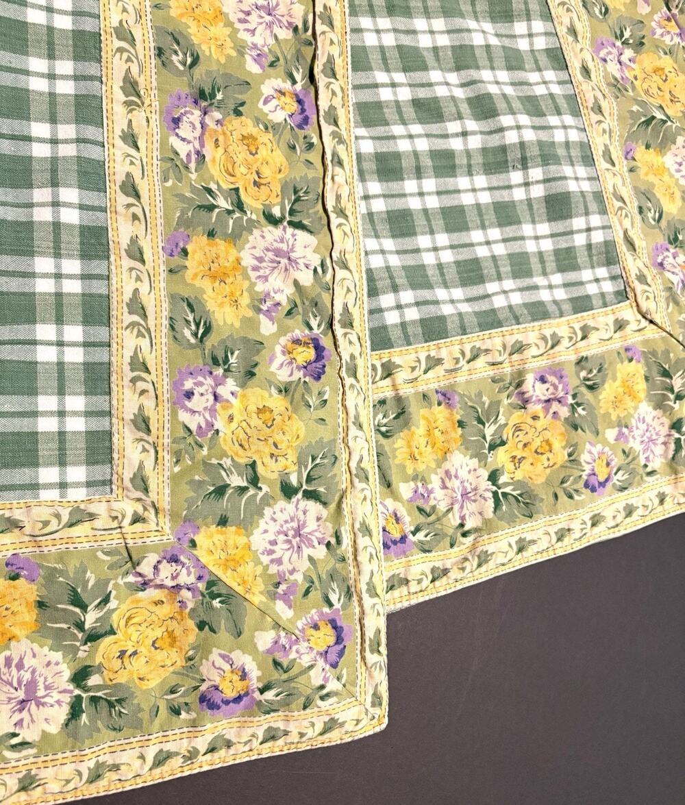 VTG William Sonoma Tablecloth 65X66” Reversible Floral Plaid Checked Green 90s